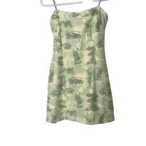 Green Cream Slip Dress – Spaghetti Strap Vintage Scenic Toile Print Sundress